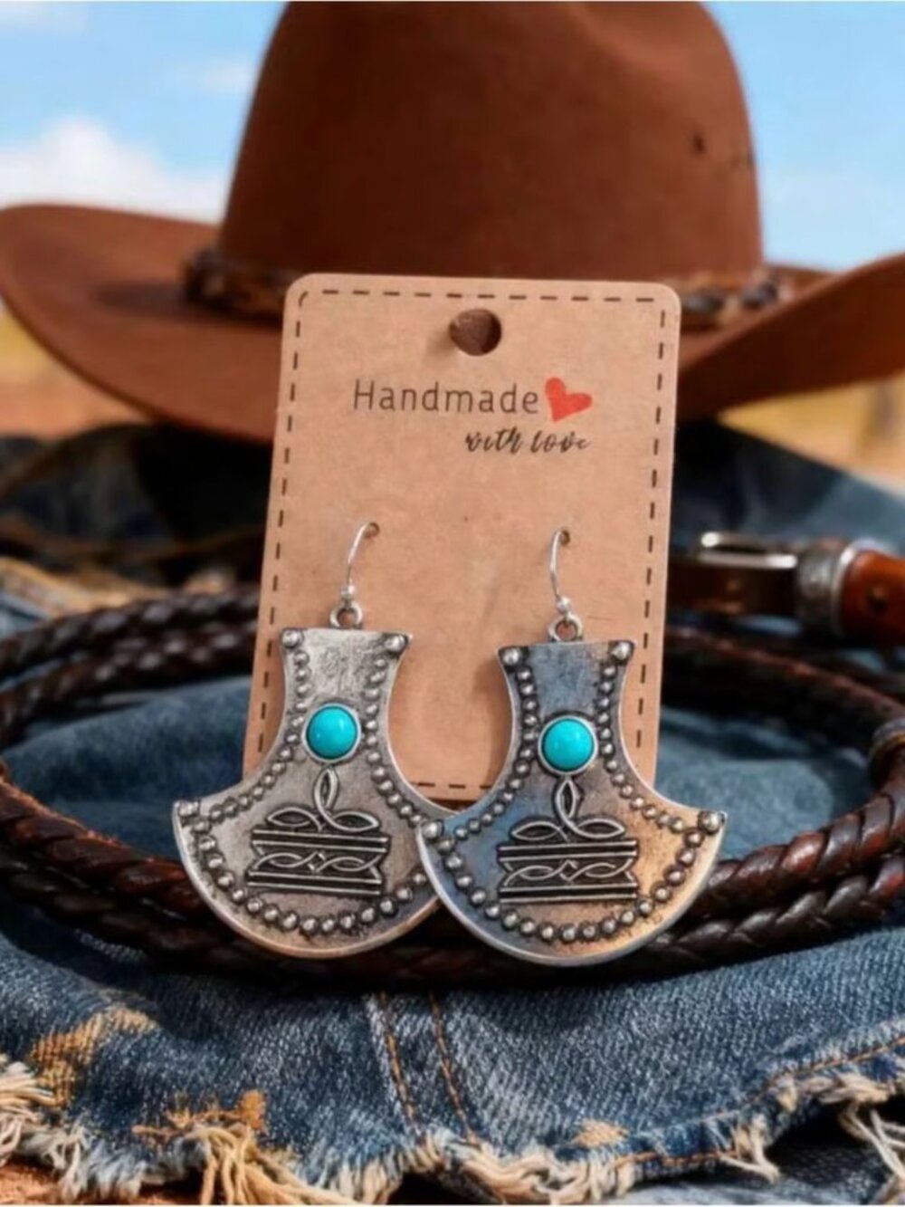 Handmade Turquoise Silver-Tone Western Earrings